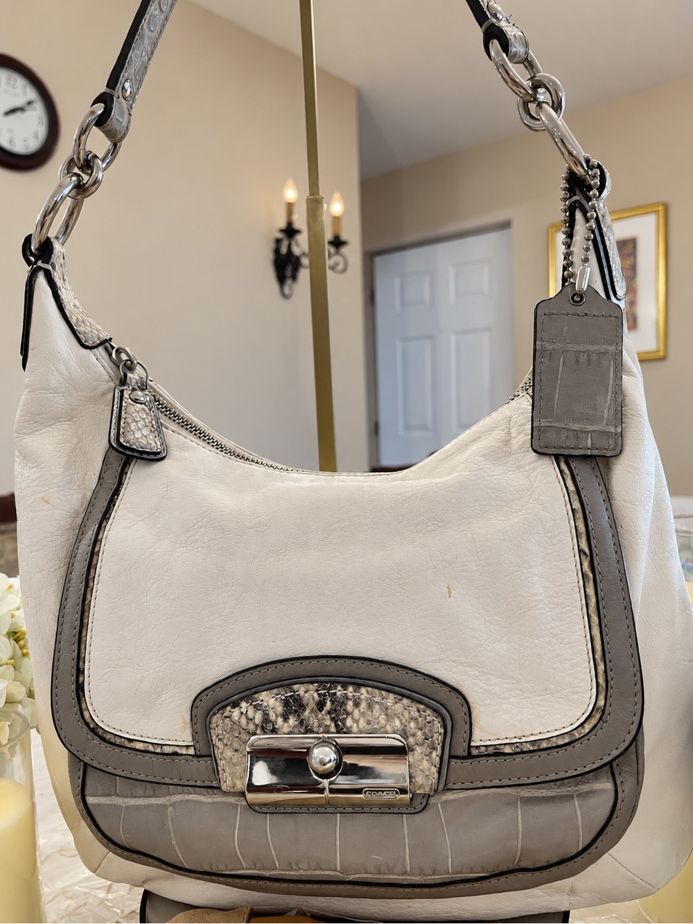 Coach Kristin Spectator Gray Leather Hobo Snake-Embossed Turnlock Bag